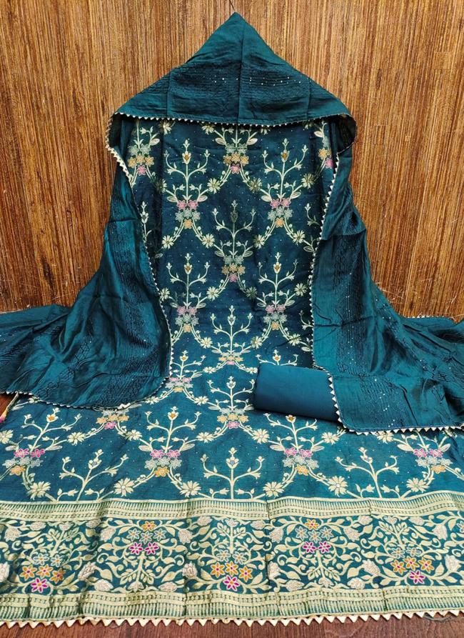 Chanderi Aqua Blue Festival Wear Crosset Work Dress Material